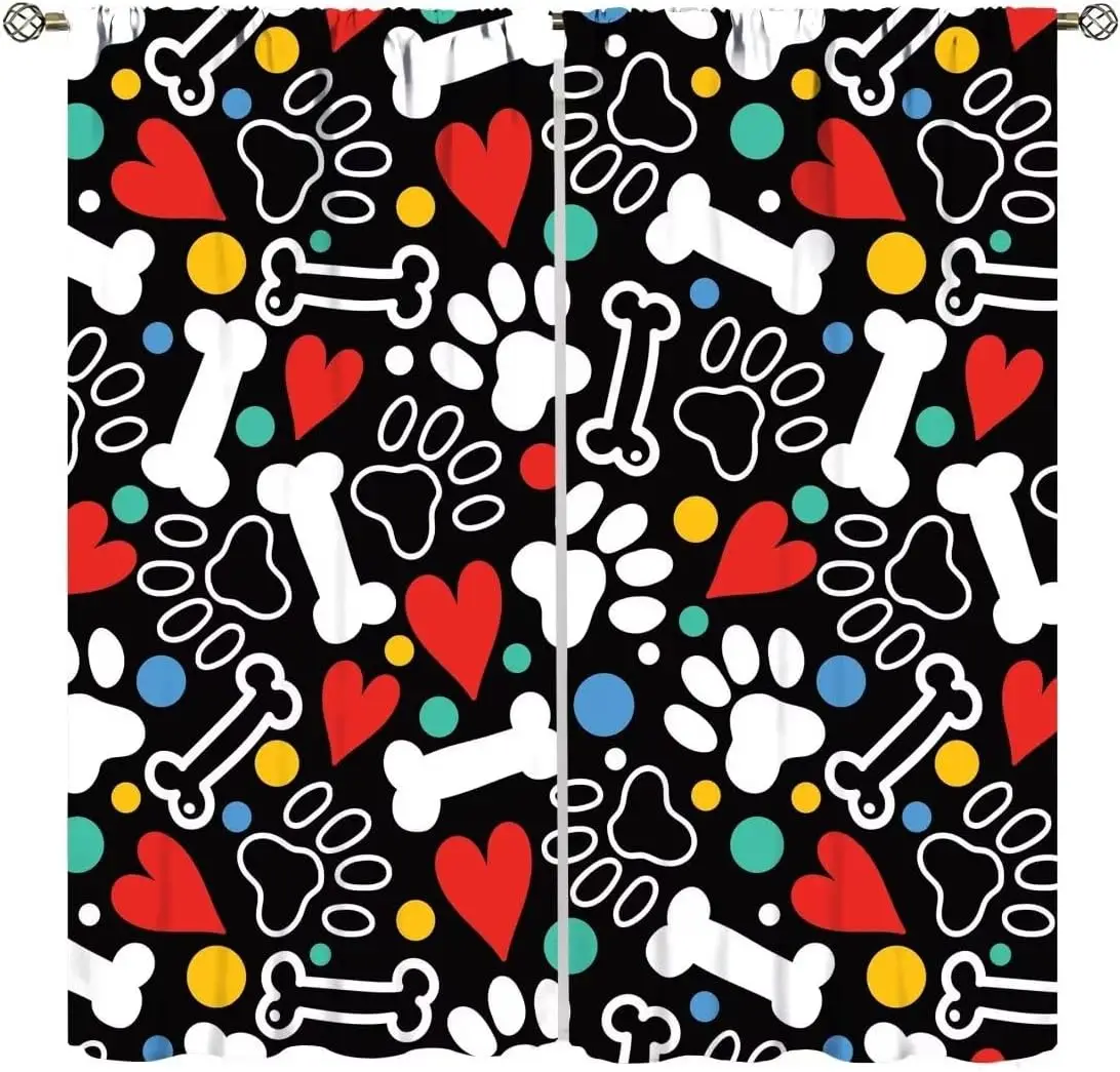 Dog Paw Print Curtains for Kids,Cartoon Animal Paw Bones Printed Polyester Fabric Curtains for Boys Girls Bedroom Living Room