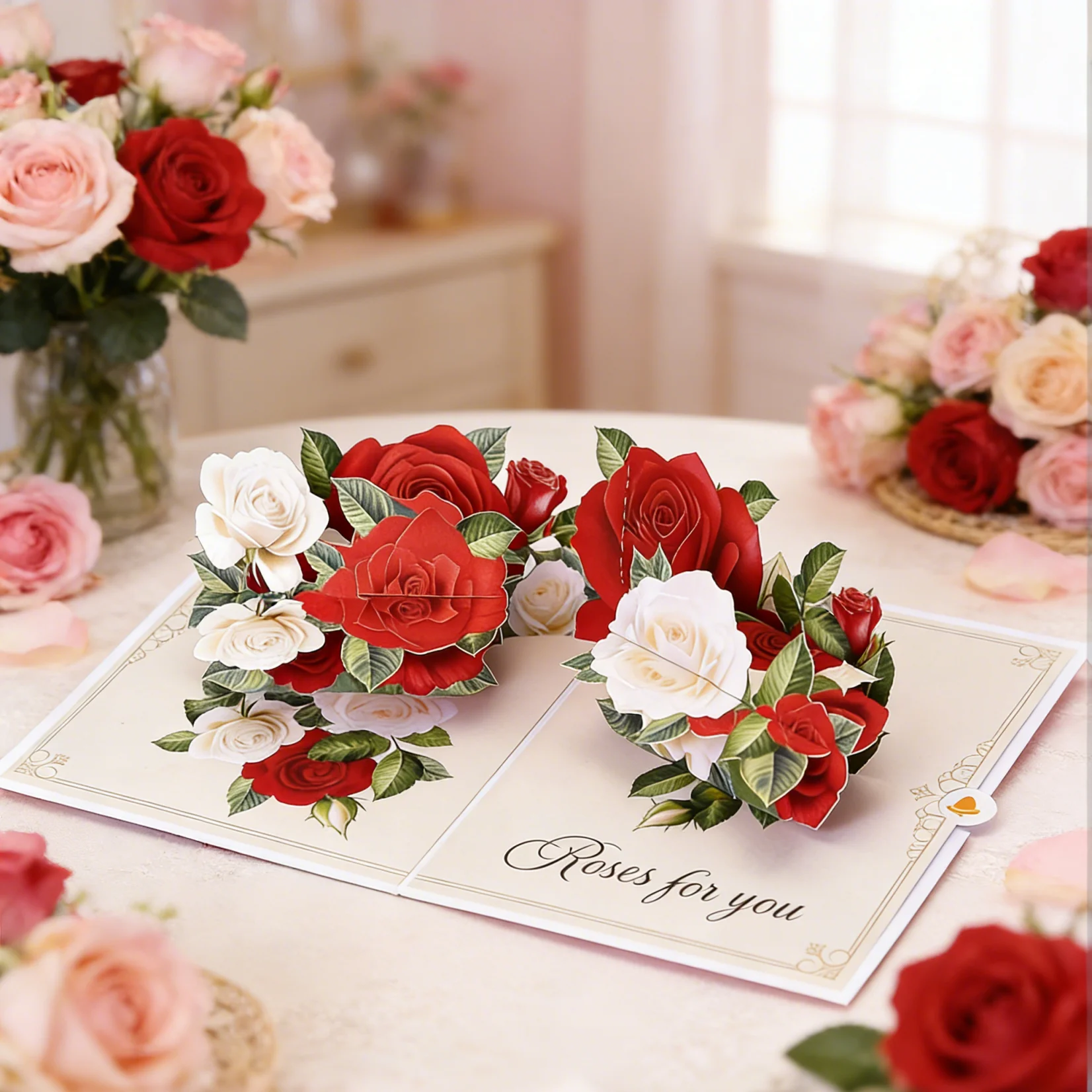 3D-Grußkarte mit dem Motiv blühender roter und weißer Rosen, geeignet für Geburtstage, Jubiläen und andere Anlässe