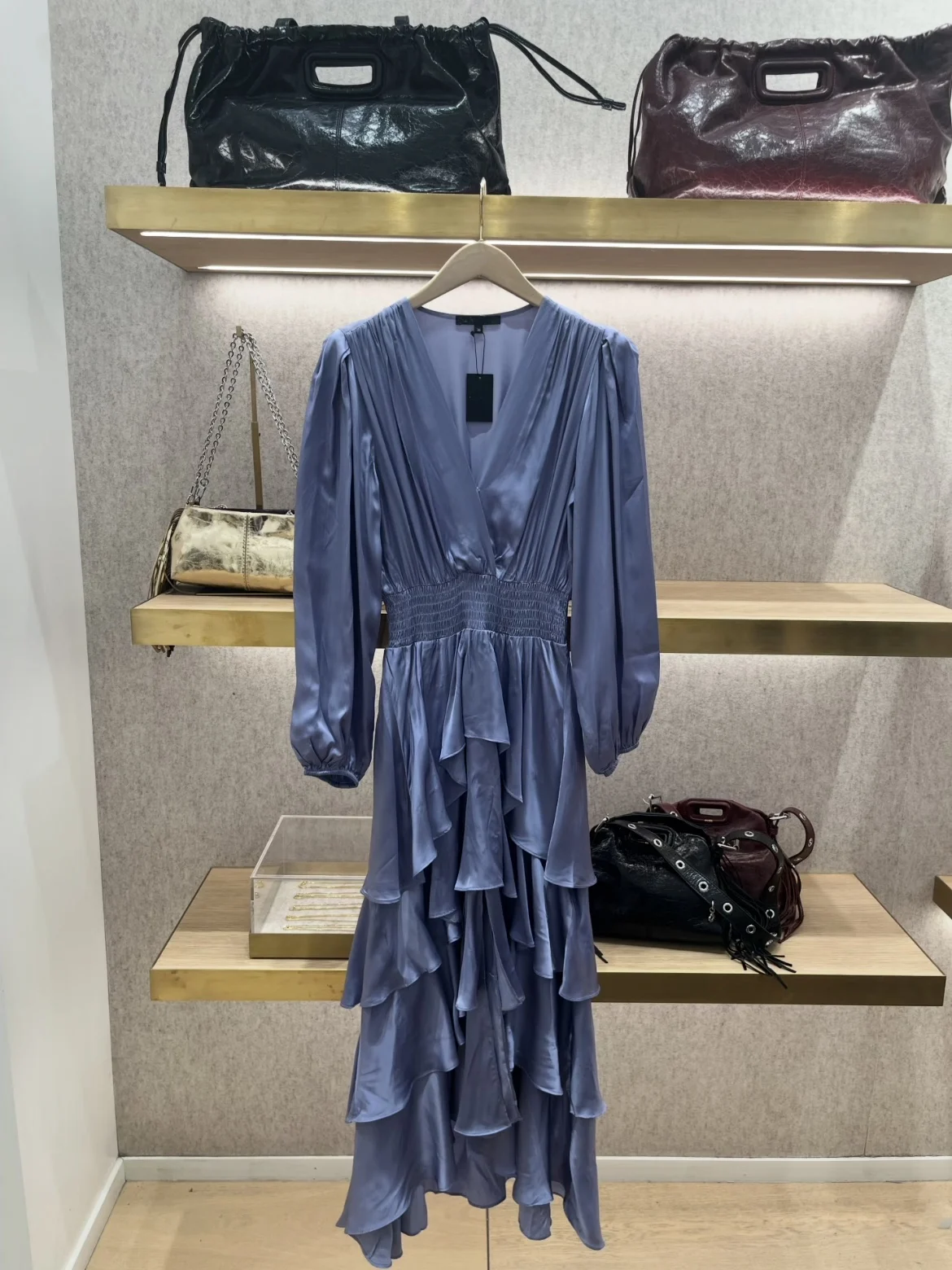 

Elegant Satin Maxi Dress with Pleated Waist And Bell Sleeves by HEIDD for Early Spring City Commuting High Waist Gown