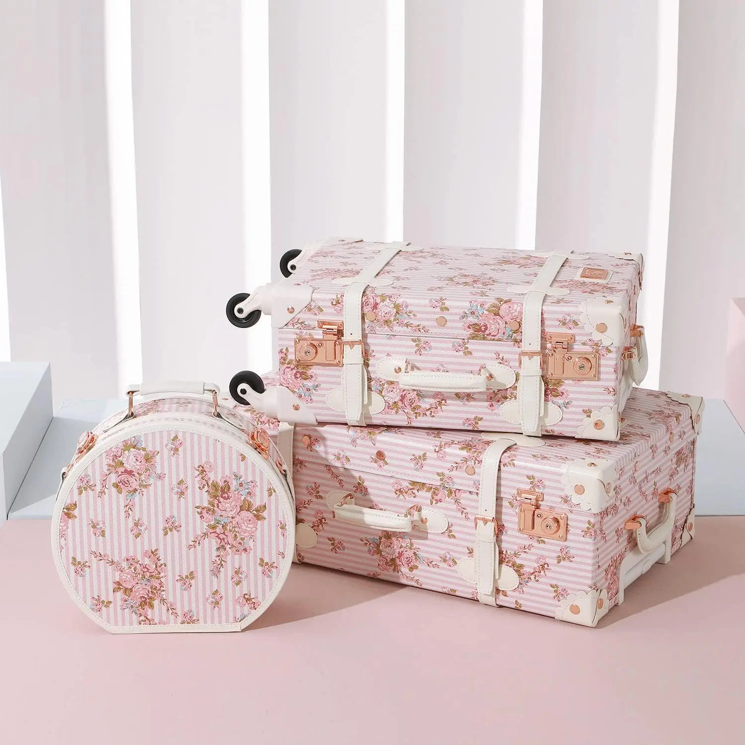 2 Piece Vintage Luggage Set, 26Inch Women Cute Suitcase With Hat Box Cosmetic Case (Pink Floral, 26In+12In)