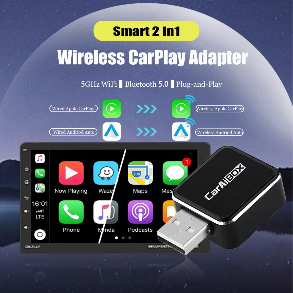 

2IN1 Wireless CarPlay Adapter Wireless Android Car Adapter Smart Mini Box USB Plug and Play WiFi Quick Connect Plug and Play