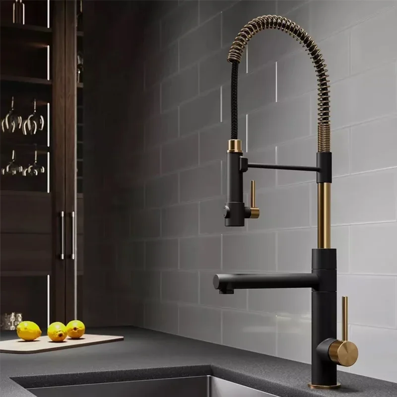 Luxury High Arc Pre-Rinse Kitchen Faucet Deck Mounted Pot Filler Brushed Gold Black Pull Down Spring Spout Sink Tap