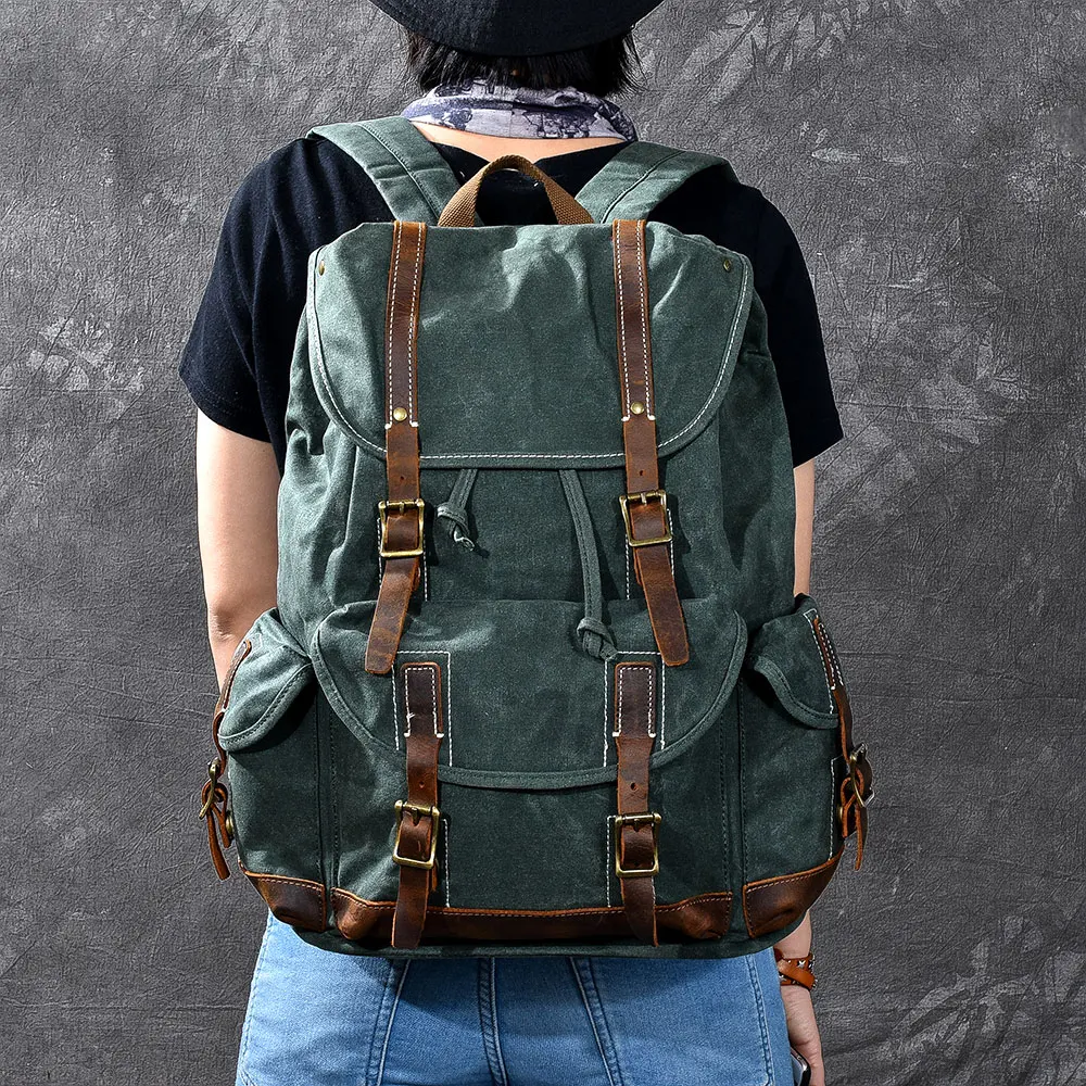 New Vintage men's Waxed Canvas Backpack Mountaineering Oli Leather Women Bagpack waterproof Backpacks large capacity travel Bags