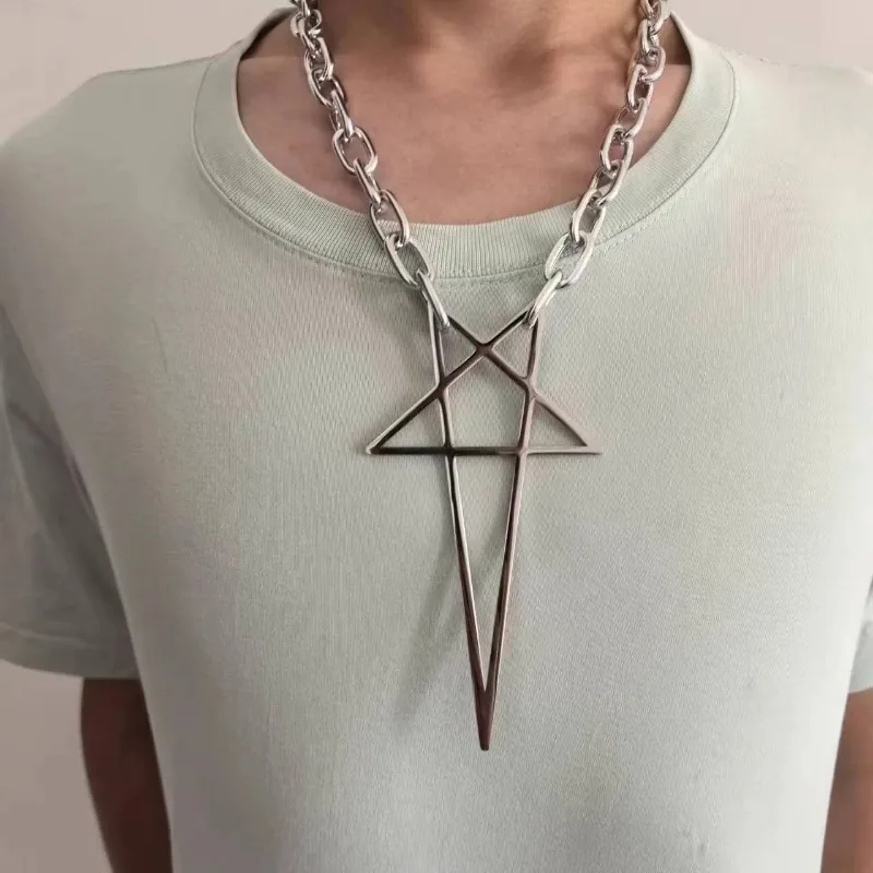 Chunky Silver Paperclip Chain Inverted Pentagram Cross Pendant Necklace, Gothic Y2K Punk Hip Hop Statement Jewelry for Men Women