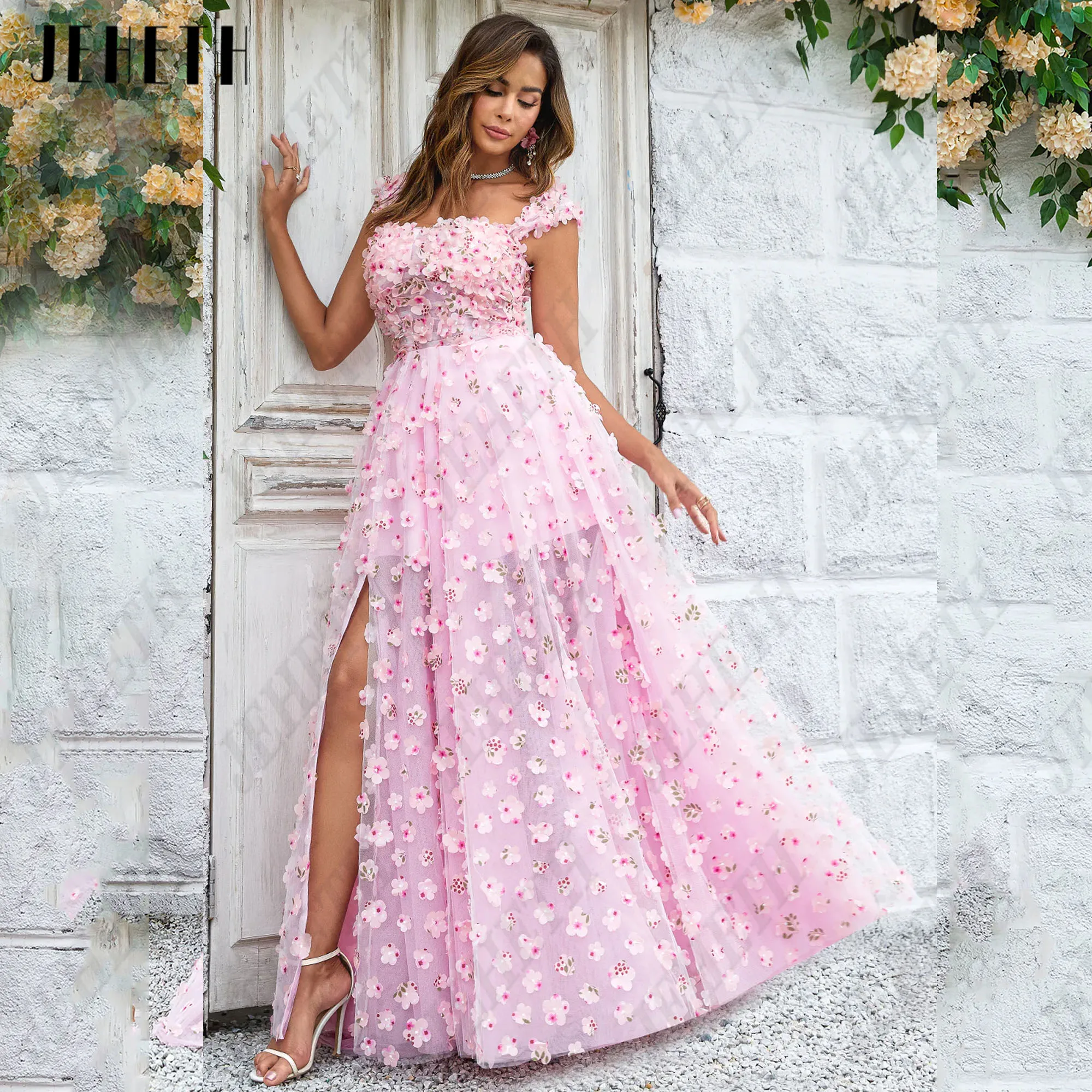 

JEHETH Embroidery Lace Prom Party Gowns Cap Sleeves Flowers Pastrol Evening Dress Customized Side Split فساتين للمناسبات الخاصة