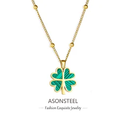 ASONSTEEL Pendant Necklace Green Four-Leaf Clover Charm Trendy Necklace Gold Color Stainless Steel 45+5cm For Women Daily Choker