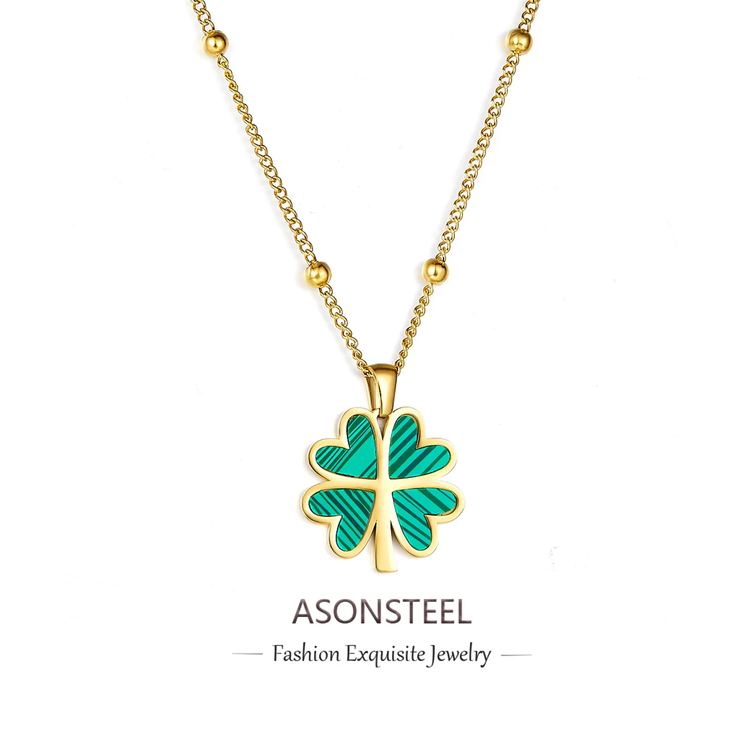 ASONSTEEL Pendant Necklace Green Four-Leaf Clover Charm Trendy Necklace Gold Color Stainless Steel 45+5cm For Women Daily Choker