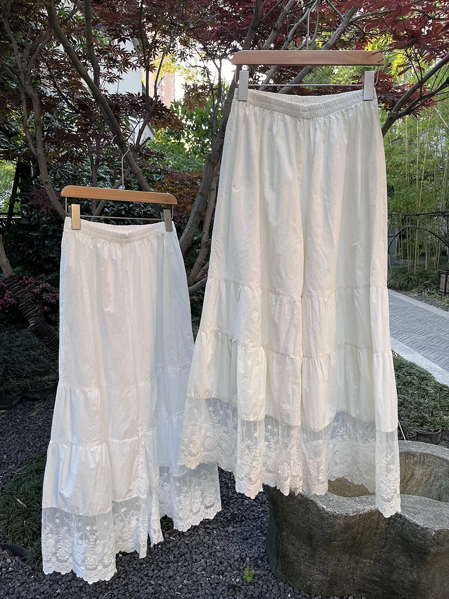 Risen Summer New Fre Calças de renda bordadas soltas e largas, calças de camada base, versão estendida, material fino de al...