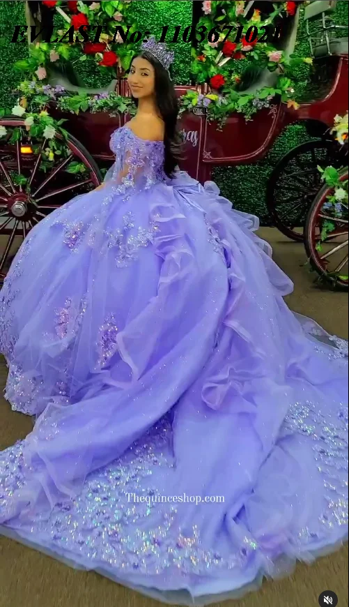 EVLAST Shiny Lavender Lilac Quinceanera Dress Ball Gown Sequins Lace Applique Beading Cape Sweet 16 Vestidos De 15 Anos SQ756