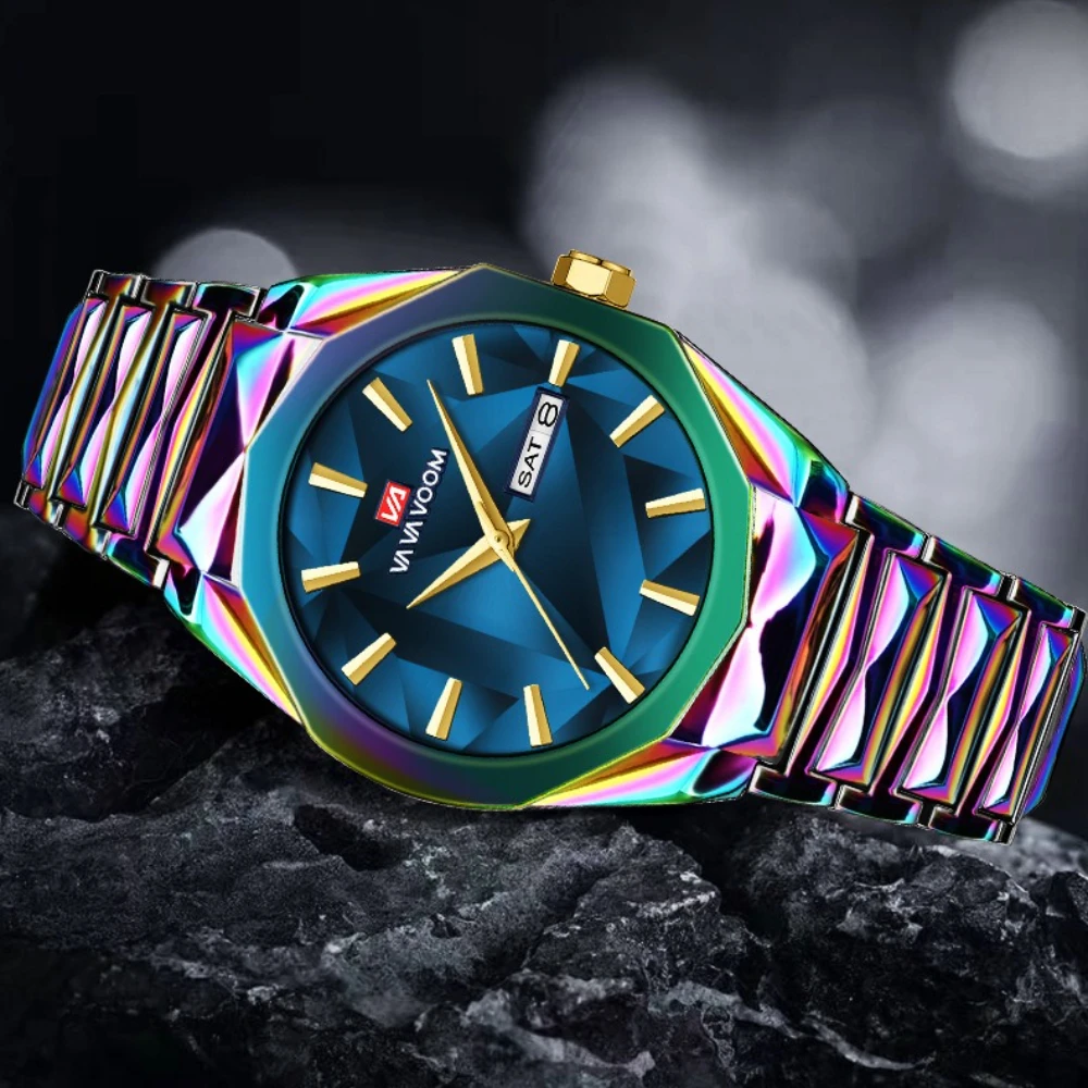 

VA VA VOOM 2941 New Steel Strip Men's Watch Colorful Fashion Waterproof Calendar Luxury Watch Watches for Men Reloj Hombre