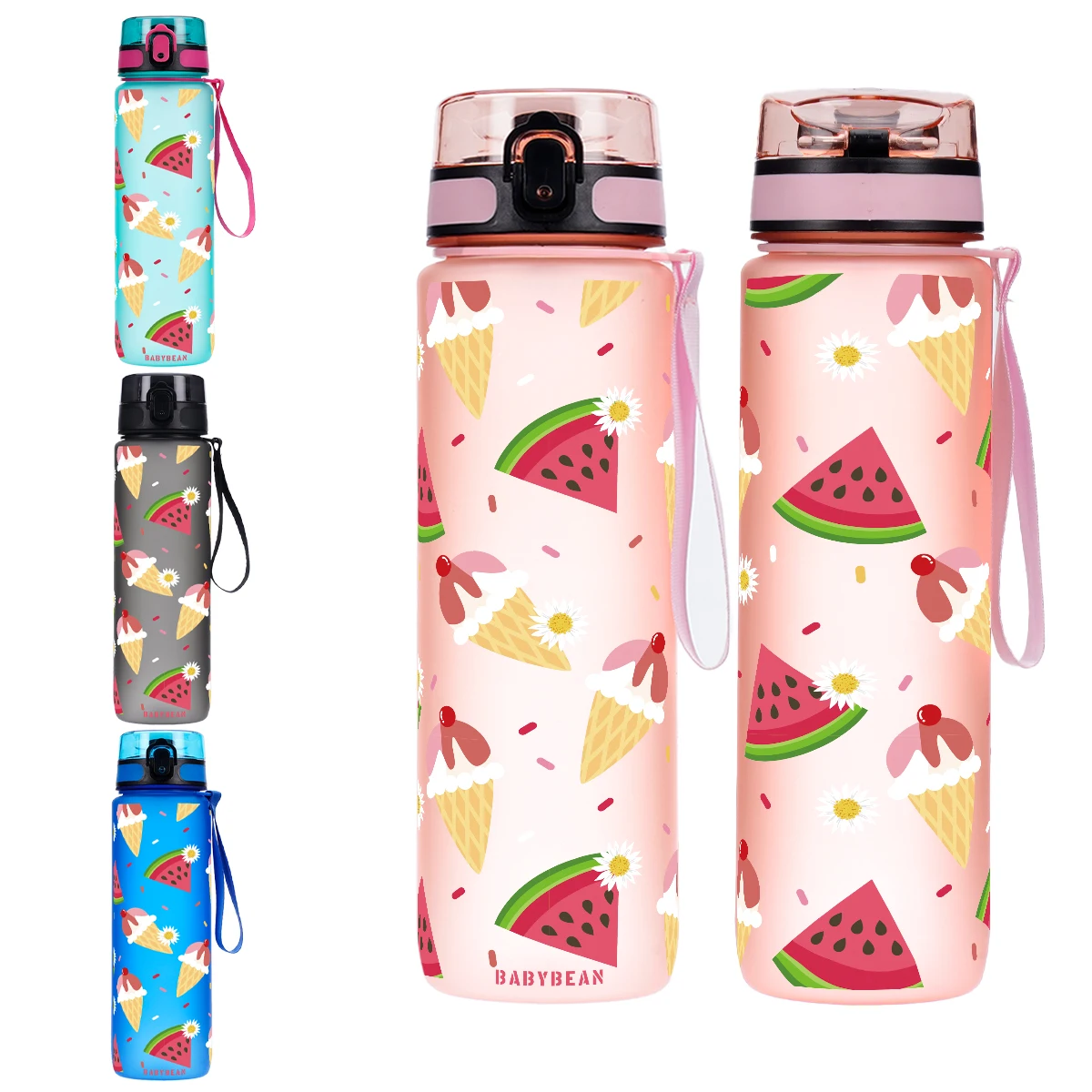 Summer Fruit Ice Cream Print 750ml Water Bottle Leakproof Flip Lid Sports Cup Lanyard Travel Gym Drink Bottle For Women Girls