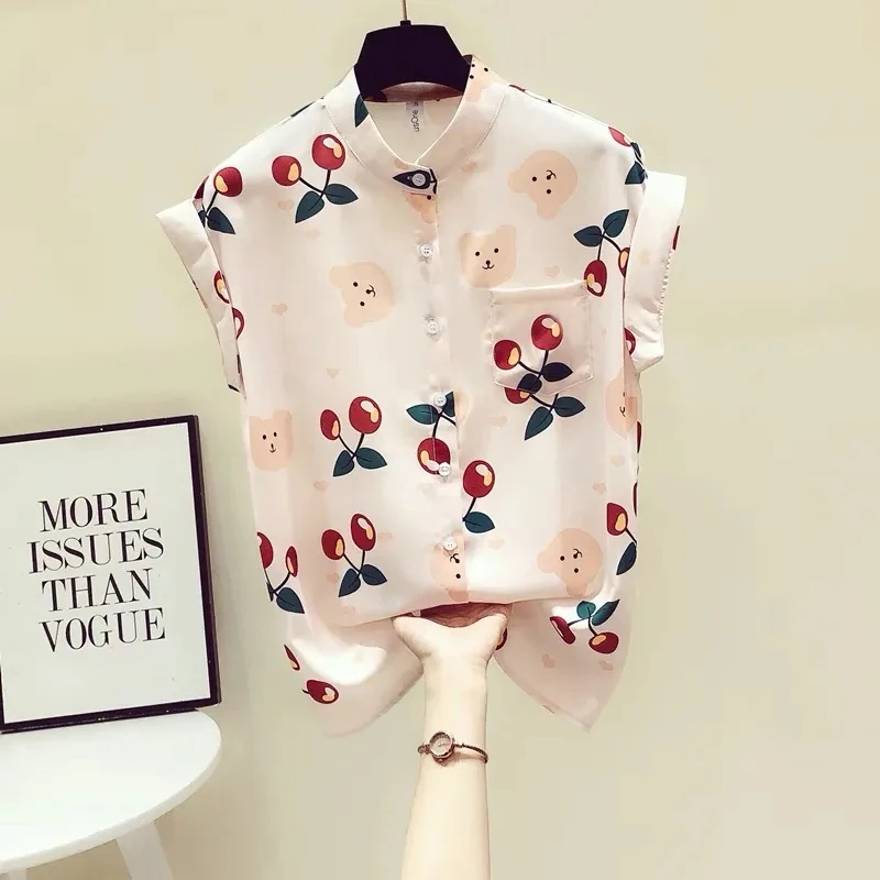 

women's summer blouses 2024 sleeveless floral print chiffon clothes shirt office lady womens tops and blouses