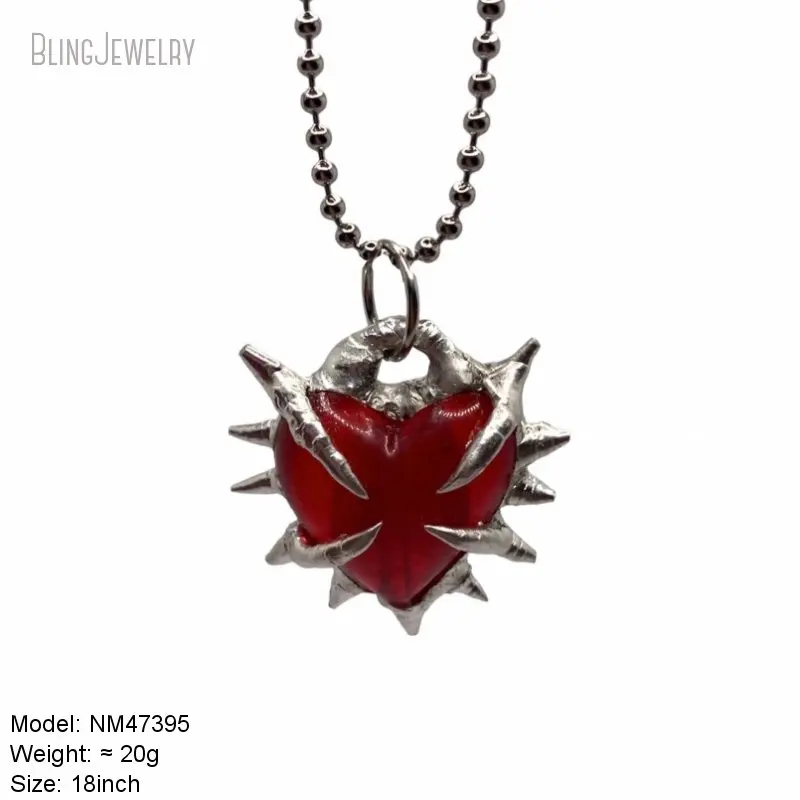 Y2k Jewelry Halloween Vampire Gothic Accessories Spiky Metal Red Crystal Thorn Heart Pendant Stainless Steel Ball Chain Necklace