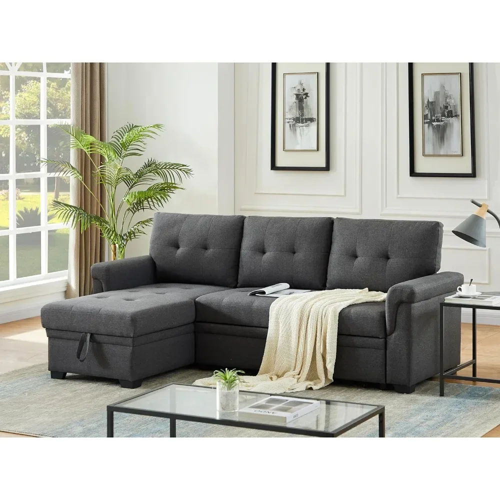 Linen Reversible Sleeper Sectional Sofa with Storage Chaise