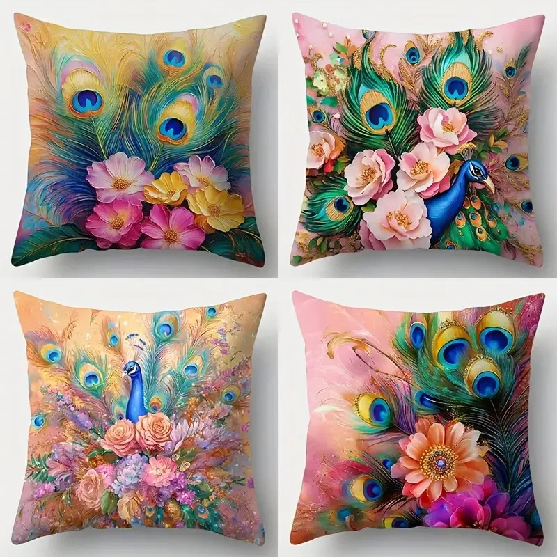 Peacock Feather Floral Pillow Covers, Vibrant Pink Gold Decorative Throw Pillow Cases, Luxury Home Decor for Sofa Bed, No Insert