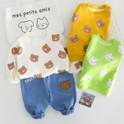 2024 New Autumn 3Pcs Baby Girl Boy Outfit Sets Cartoon Print Long Sleeve Hoodie Cute Applique Jeans witn Sunglasses Kids Sets