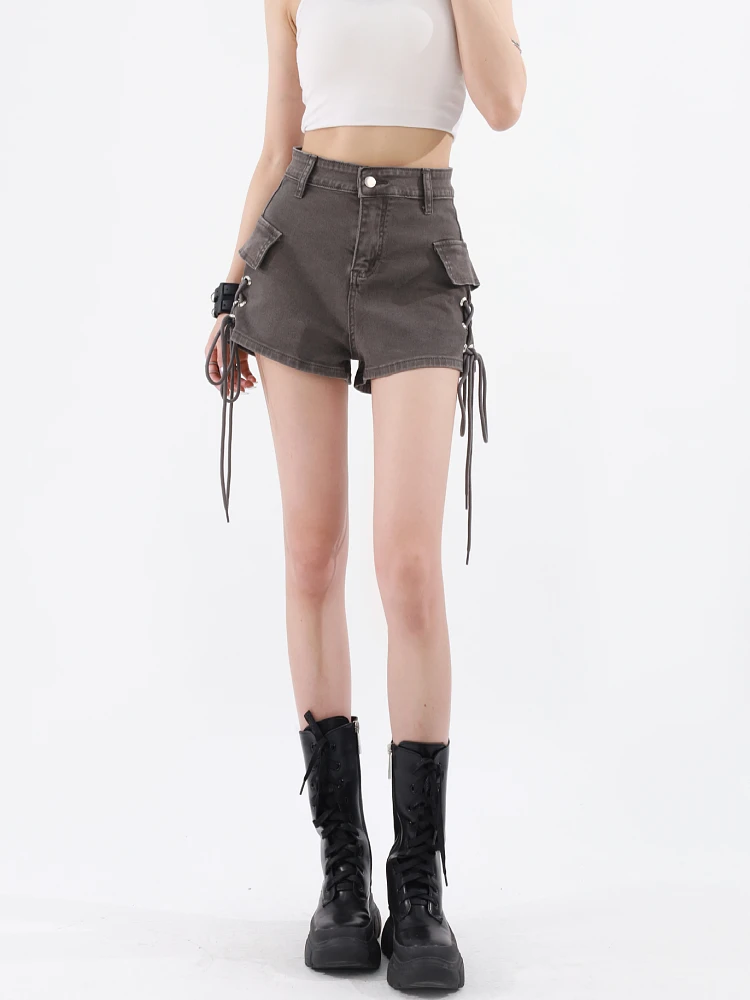 Women's Khaki Mini Denim Shorts 90s Aesthetic Baggy Jeans Shorts 2000s Y2k Vintage Bandage Cowboy Short Pants Harajuku Clothes