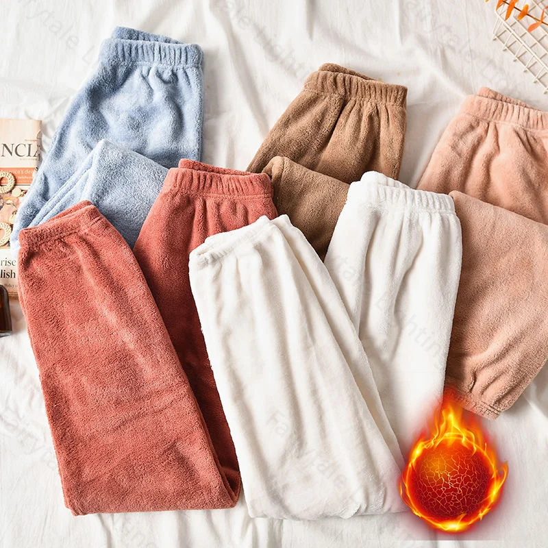 Womens Winter Pajama Pants Korean Style Plush Thermal Fleece Lined Lounge Wear Soft Elastic Waist Home Sleepwear Holiday