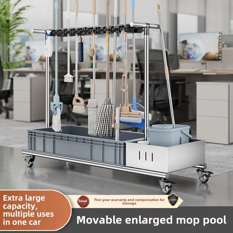 Mobile floor mop rack Stainless steel mop rack Commercial storage Cleaning and hygiene tool storage rack