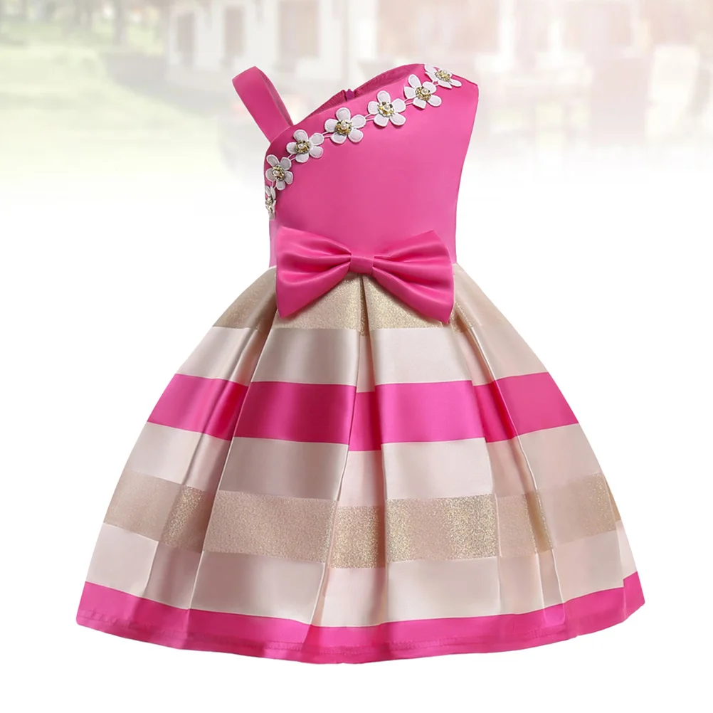 

1pc Pearl Applique Child One-Shoulder Horizontal Stripe Dress Cotton Lined Kids Skirt 3-8 Years Rosy 110Cm