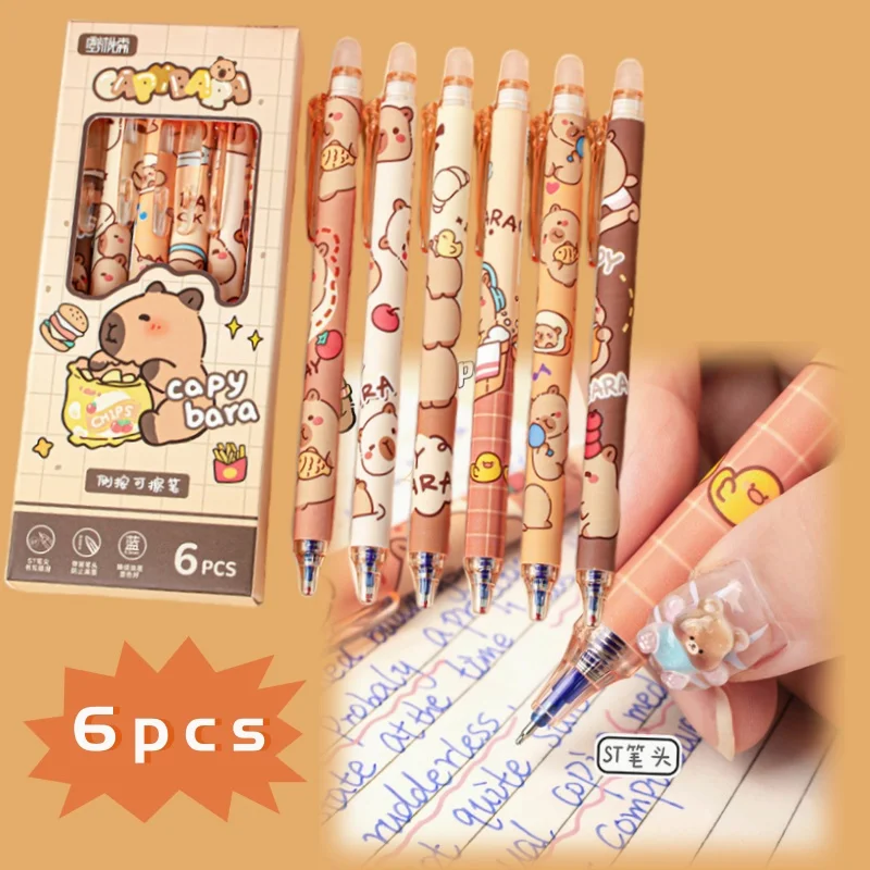 6Pcs Kawaii Capybara Gel Pen Set Black Blue Ink Quickly-Drying Cute Press Gel Pens Aesthetic Stationery School Office Supplies