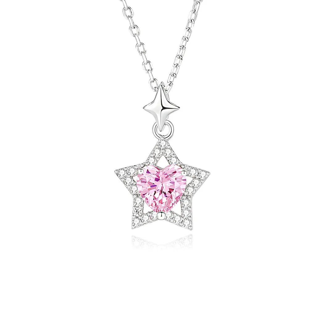 

S925 Silver Women's Trendy Love Star Necklace Joker Pink Zircon Five-Pointed Star Clavicle Chain Light Luxury Weddings Gifts