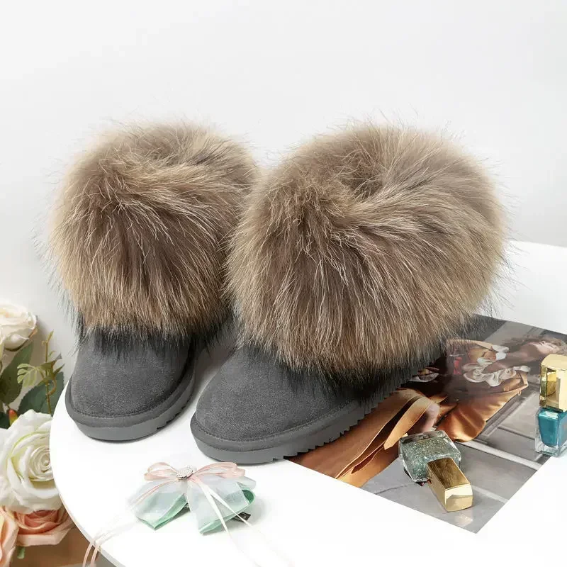 Winter Fox Fur Snow Boots Women\'s Genuine Leather Short Boots Flat Thickened Warm Raccoon Fur Cotton Shoes