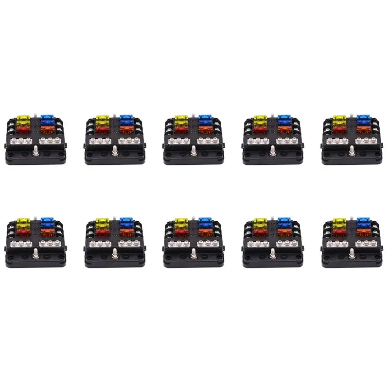 AASS-10X 6-Way Fuse Block,With LED Indicator 12 Circuits With Negative Marine Fuse Box For Dc 12/24V Car Boat RV Truck