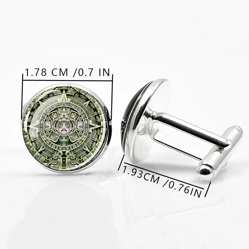 1 Pair Aztec Calendar Cufflinks Glass Dome Silver Color Cufflinks Mayan Totem Gift