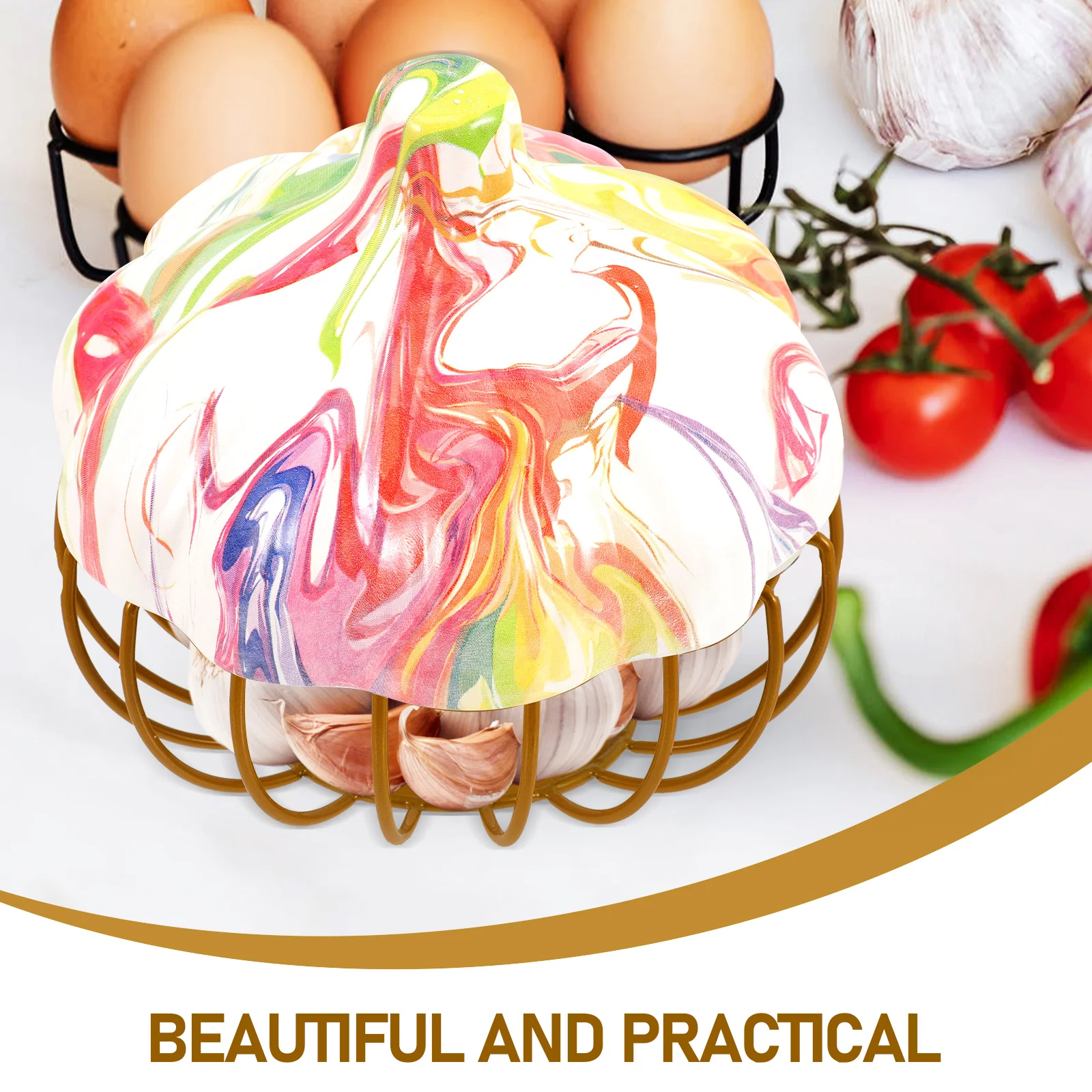 

Garlic Storage Basket Rustproof Iron Ceramic Kitchen Accessory Multi-Function Food Holder Countertop Fruit Bowl Egg Snack