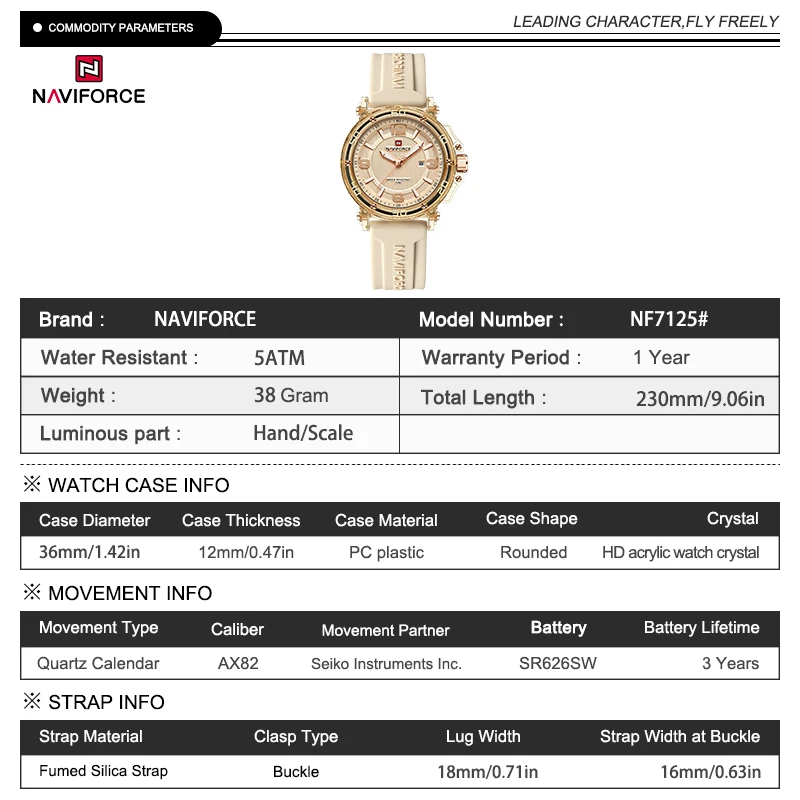 NAVIFORCE NF7125 Jam Tangan Kuarsa Wanita Modis Jam Tangan Olahraga Modis Tali Silikon Tahan Air Bercahaya untuk Wanita