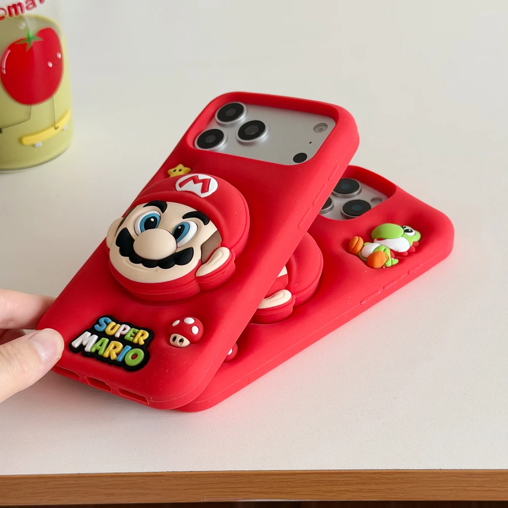 3D stereoskopowe, urocze, kreskówkowe etui na telefon z motywem Super Mario Bros, z podstawką, do iPhone 18, 17, 16, 15, 14 Pro Max, miękka silikonowa obudowa. — zdjęcie produktu 6
