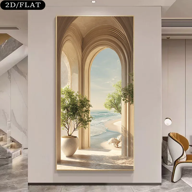 Frameless Canvas  Modern Easy Canvas Wall Art, Depicting Beach Arch -  Tranquil Coastal Landscape Painting, Suitable for Livin