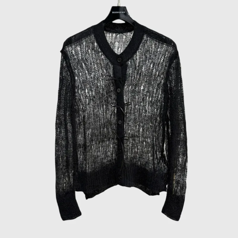 HKSH Damska Moda Punkowa Wiosna Lato Nowa Kolekcja Słodka Kokarda Elegancki Kardigan Cienka Przezroczysta Europejska Koszula Dzianinowa z Motywem Pajęcej Sieci HK4897