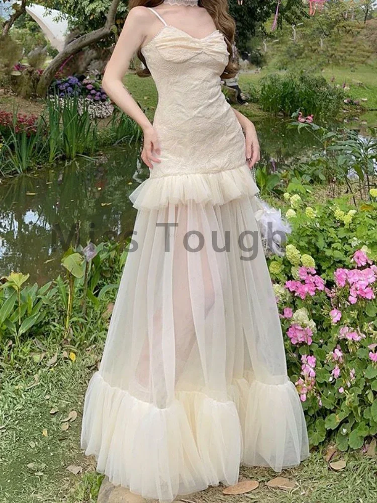 Summer France Elegant Chiffon Dress Women Designer Slim Off Shoulder Strap Midi Dress Female Korean Fashion Lace Fairy Dress New