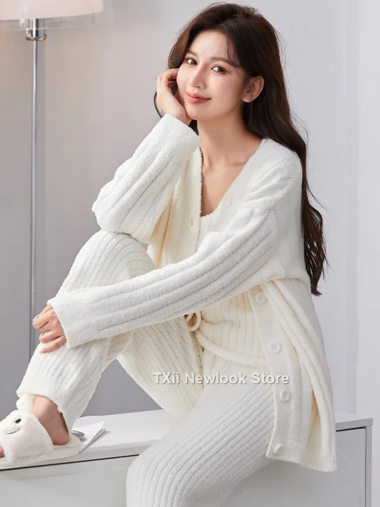 Pajamas Women\'s Winter New Half-side Velvet Three-piece Set Sling Nightgown Pants Thickened Internet Popular Style Home Clothes