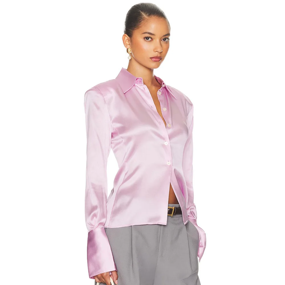 2025 가을 신상 단색 버튼 셔츠 여성 라펠 칼라 슬림 긴팔 탑 우아한 오피스 미니멀리스트 캐주얼 의상