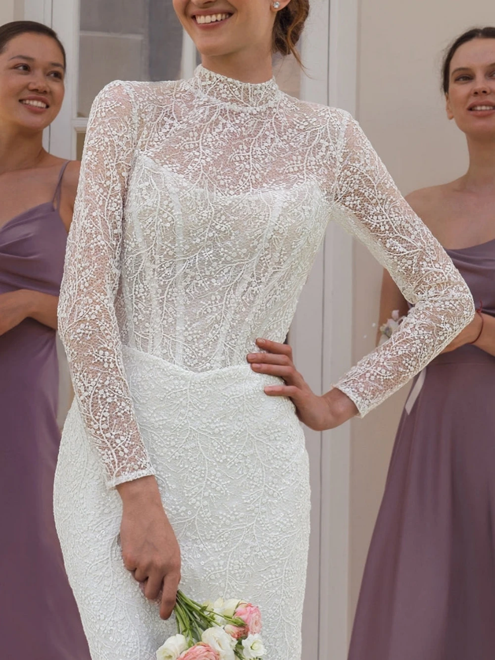 Bescheiden hoge kraag bruid gewaad klassieke kant applicaties bruidsjurk elegante zeemeermin lange trouwjurk aangepaste Robe De Mariée