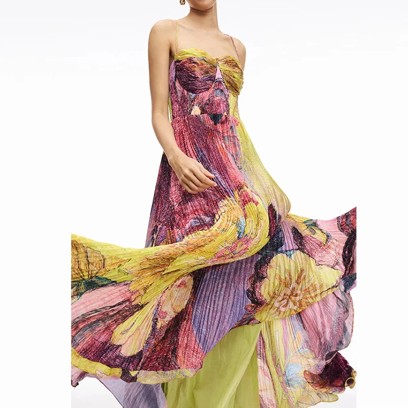 

Casual Sleeveless Swing Beach Dress Sexy Off Shoulder High Waist Pleated Party Dress Summer Hollow Pattern Printed Long Dresses