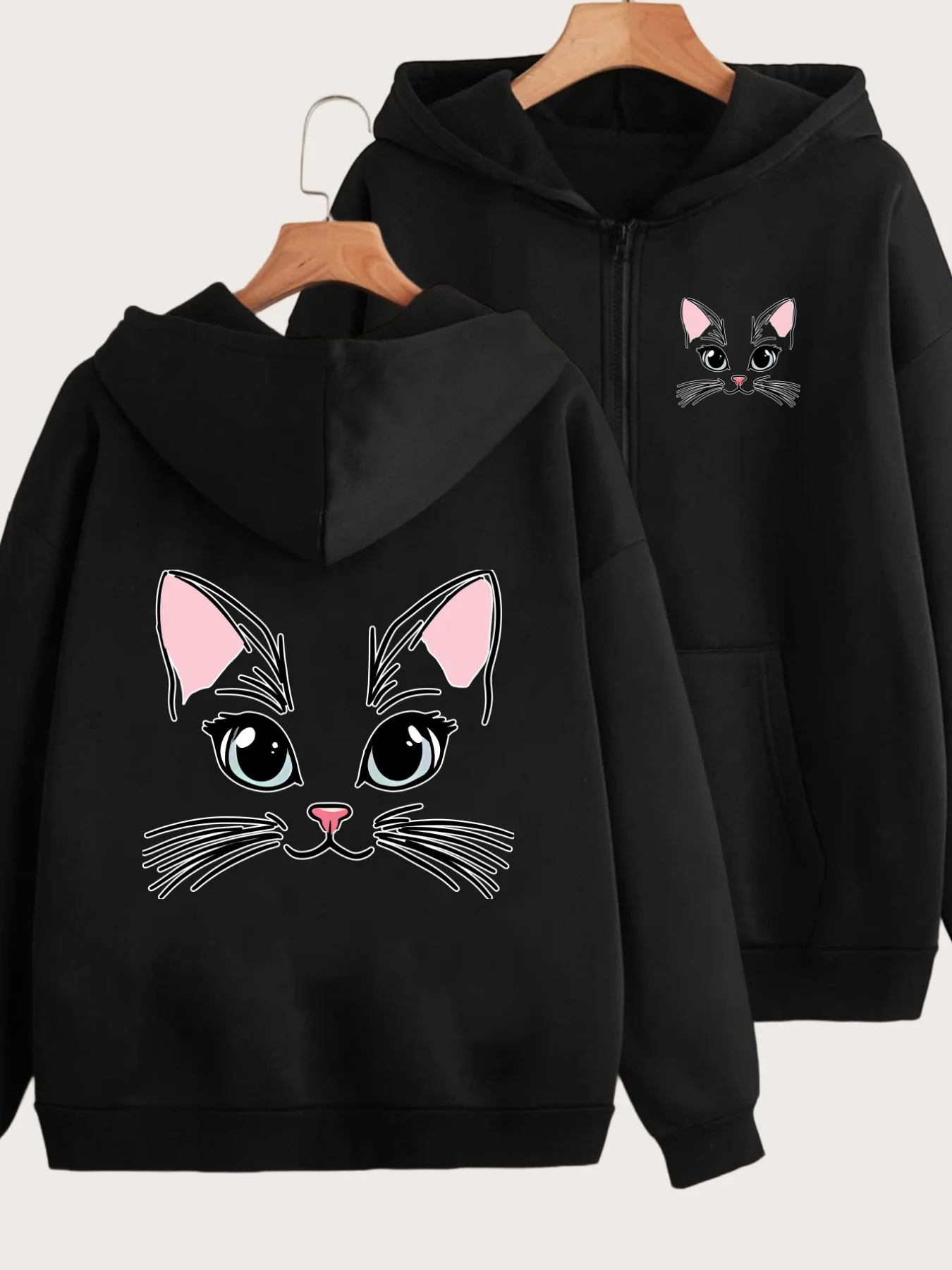 Winter Cute Cat Big Eyes Pink Ears Zip-Up Hoodie Y2K Style Front Back Patterns Printed Casual Hooded Jacket Street Athletic Wear