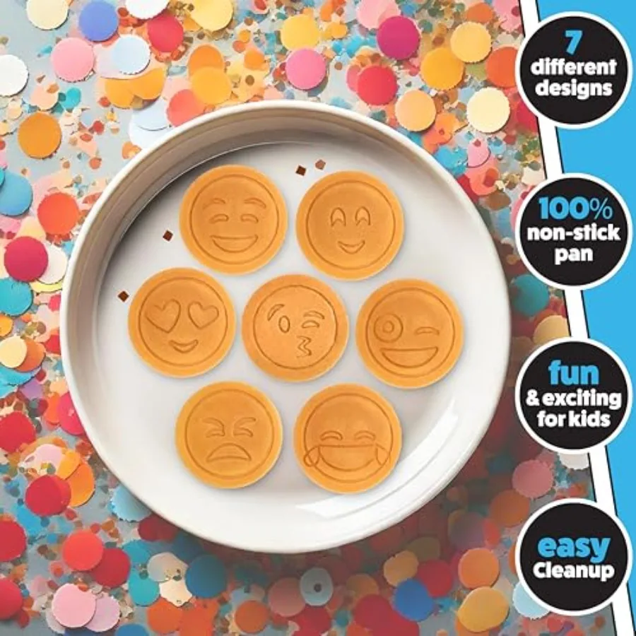 絵文字朝食2パックミニ電気ワッフルメーカーとノンスティックパンケーキパン、簡単なセットアップと掃除で楽しい絵文字顔を作成 I