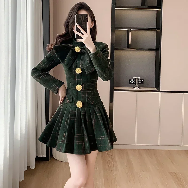 Autumn/Winter New High end Luxury Mature Style Big Bow Short Checkered Wool  Dress for Women Waist Slimming A-line Short Dress - AliExpress 200000345