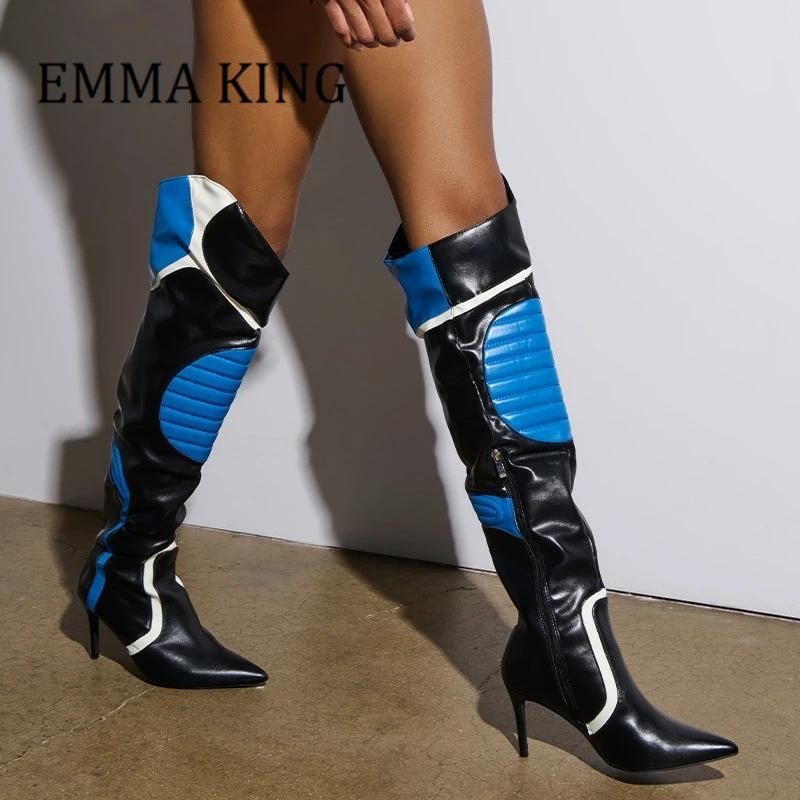 Women Patchwork Thigh-High Boots Unisex Black And Blue Motorcycle Boots Sexy Pointy Toe Color-block Design Over the Knee Boots