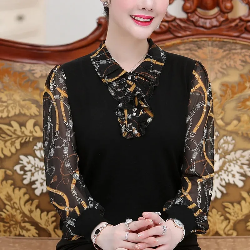 

Spring Autumn Female Large Size 5XL Tshirt Coat Ladies Fashion Patchwork Tops Korean Women High-end Lotus Leaf Collar T-shirt