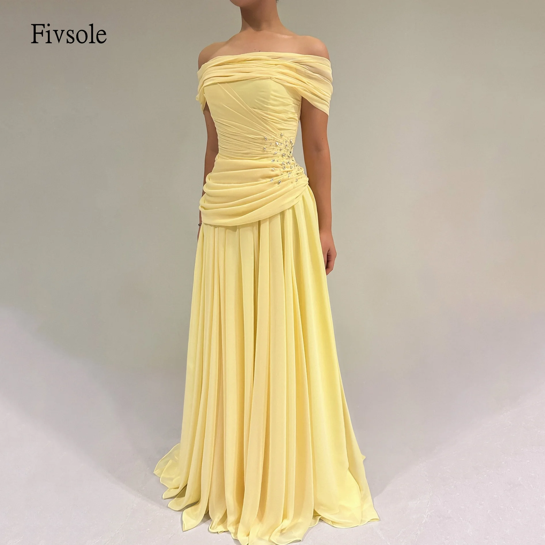

Fivsole Yellow Off The Shoulder A Line Prom Gowns Beaded Pleated Party Gown Chiffon Floor Length Evening Dress Customized