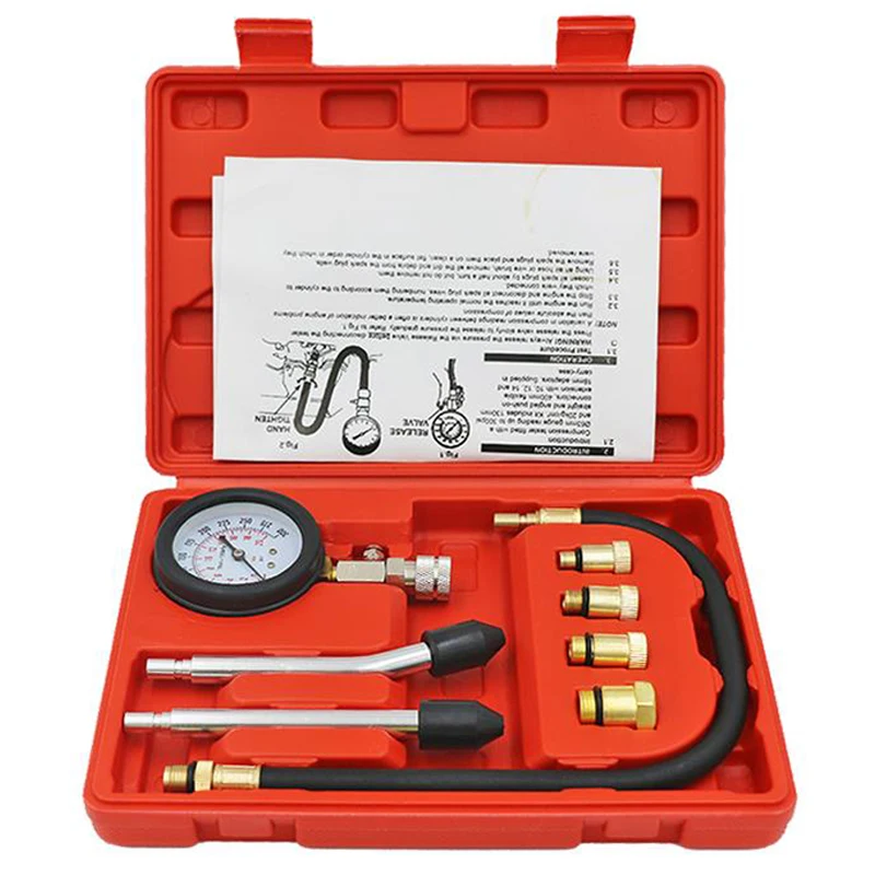 Double Rod Engine Compression Tester Cylinder 0-300 PSI Automobile Pressure Gauge Kit with M10 M12 M14 M18 Adapter