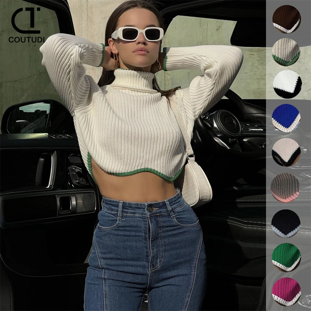 

COUTUDI Y2K Turtleneck Crop Sweater For Women Winter Solid Knitted Long Sleeve Slim Pullovers Jumpers Knitwears Women Clothing