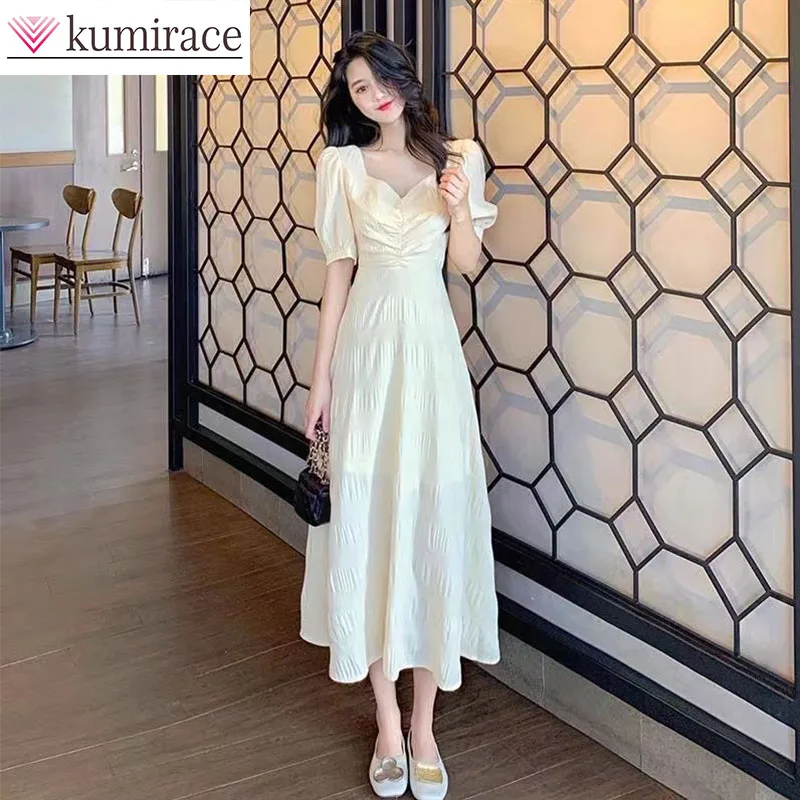 

Summer new French bellflower sweet short sleeved bubble sleeve V-neck backless waist cinching dress birthday dress for women