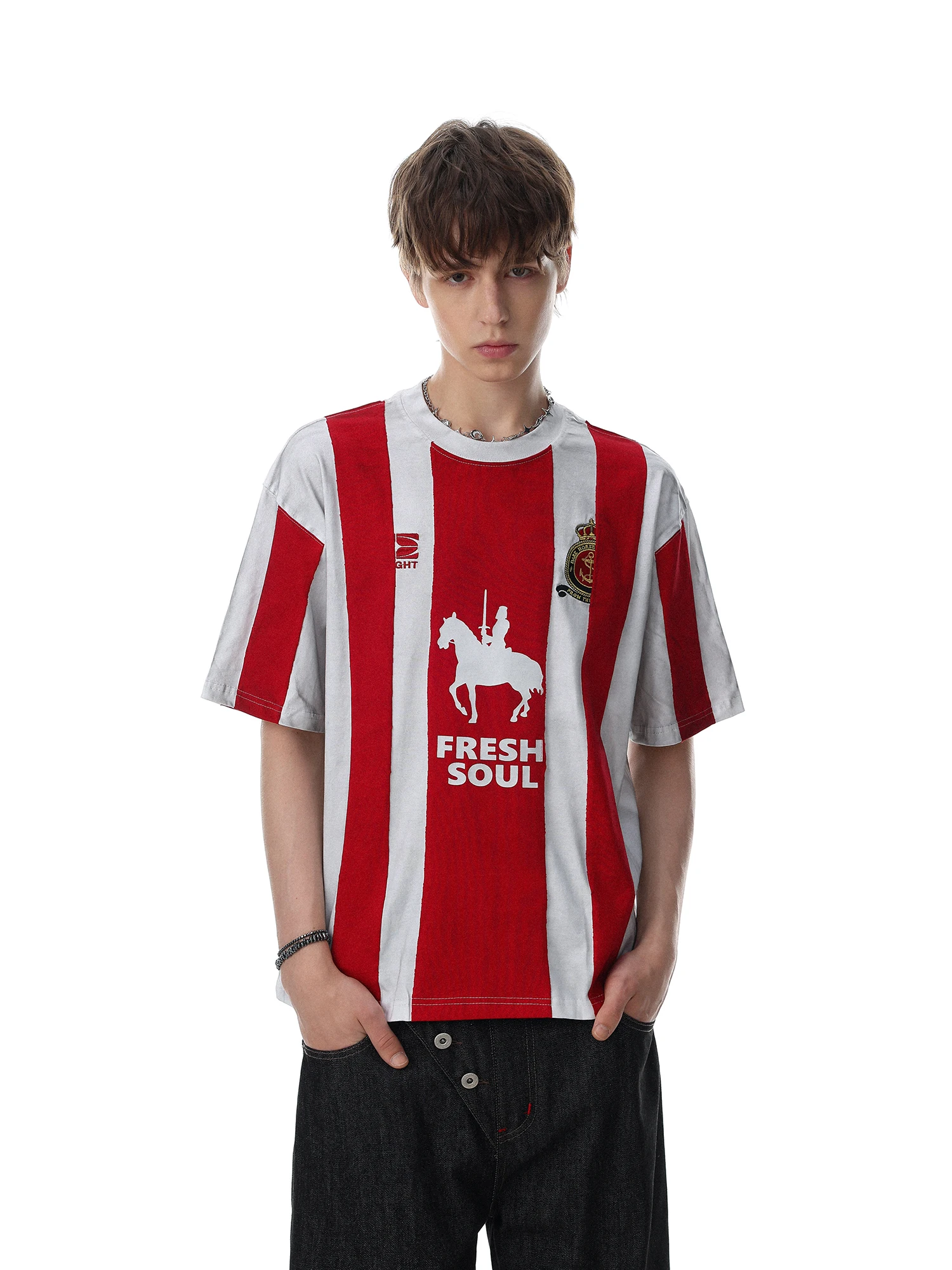 MRNEARLY American Retro Striped Print Short Sleeve T-Shirt Loose round Neck Baseball Style Casual Top for Men And Women