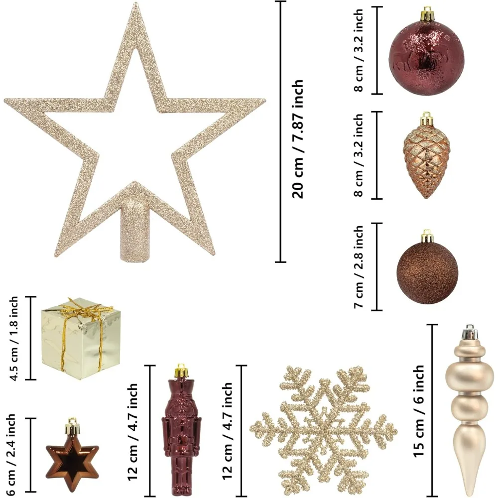 101pcs Christmas Tree Ornaments Assortment Burgundy Brown Champagne Gold Including Star Tree Topper Balls Nutcracker Snowflakes